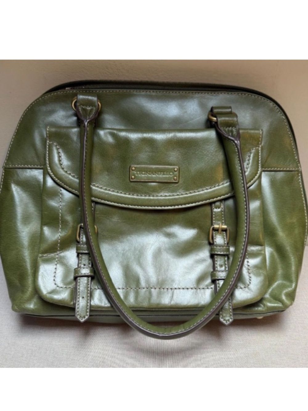 Olive Green Leather Shoulder Tote with Tassel Detail